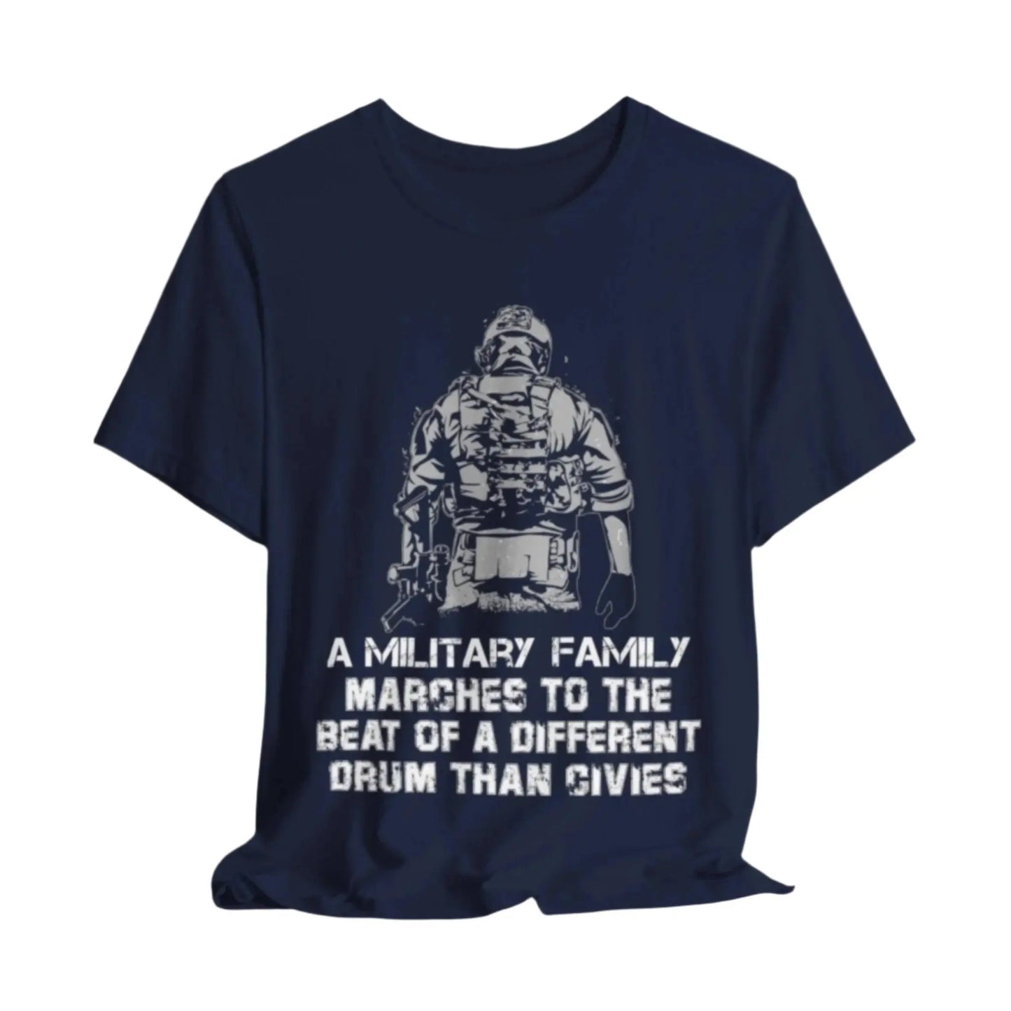 Navy t-shirt featuring a soldier with the text 'Military family marches to a different drum' representing strength and pride.