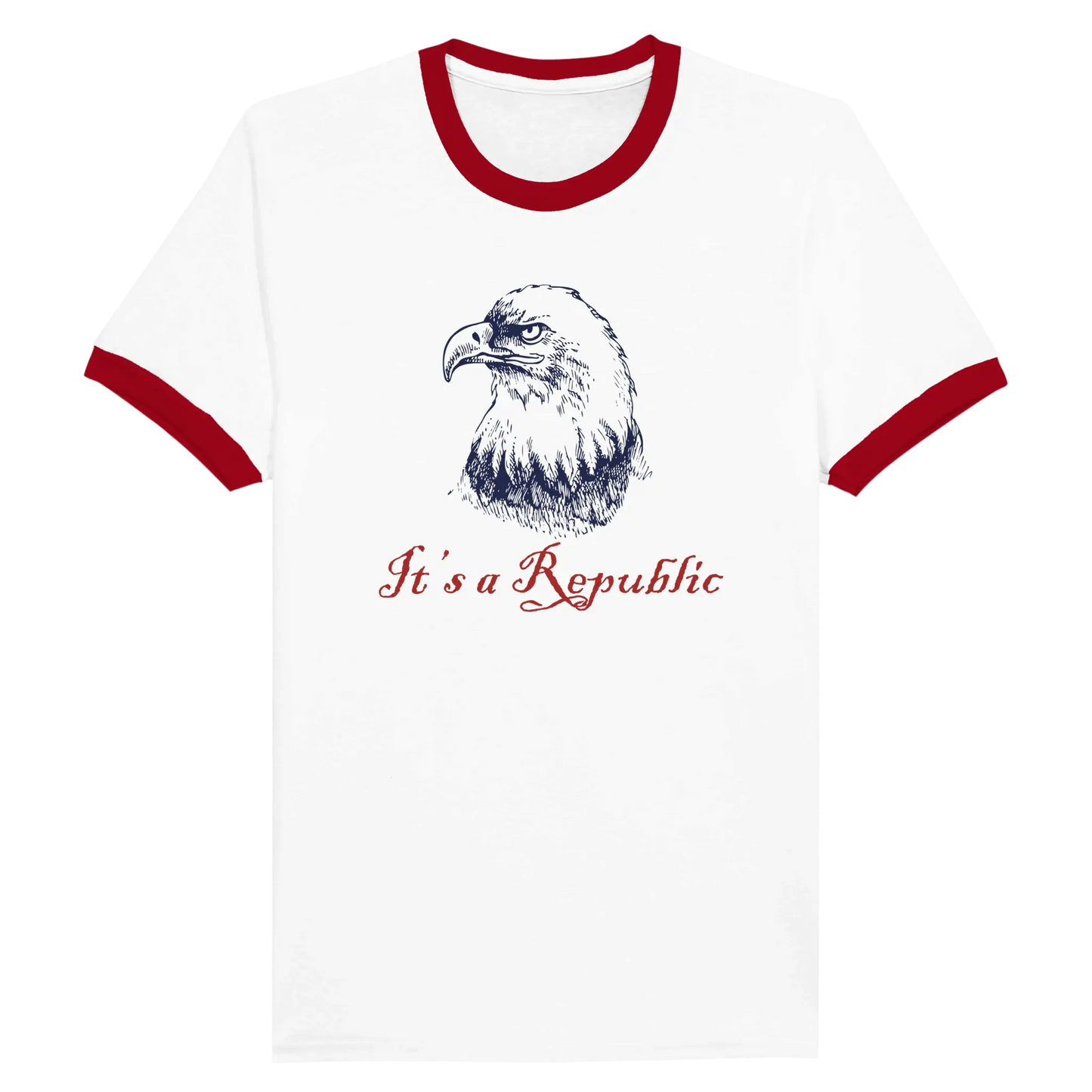 White shirt with red trim on neck and short sleeve cuffs with an eagle and text It's A Republic. Envy The Eagle Design