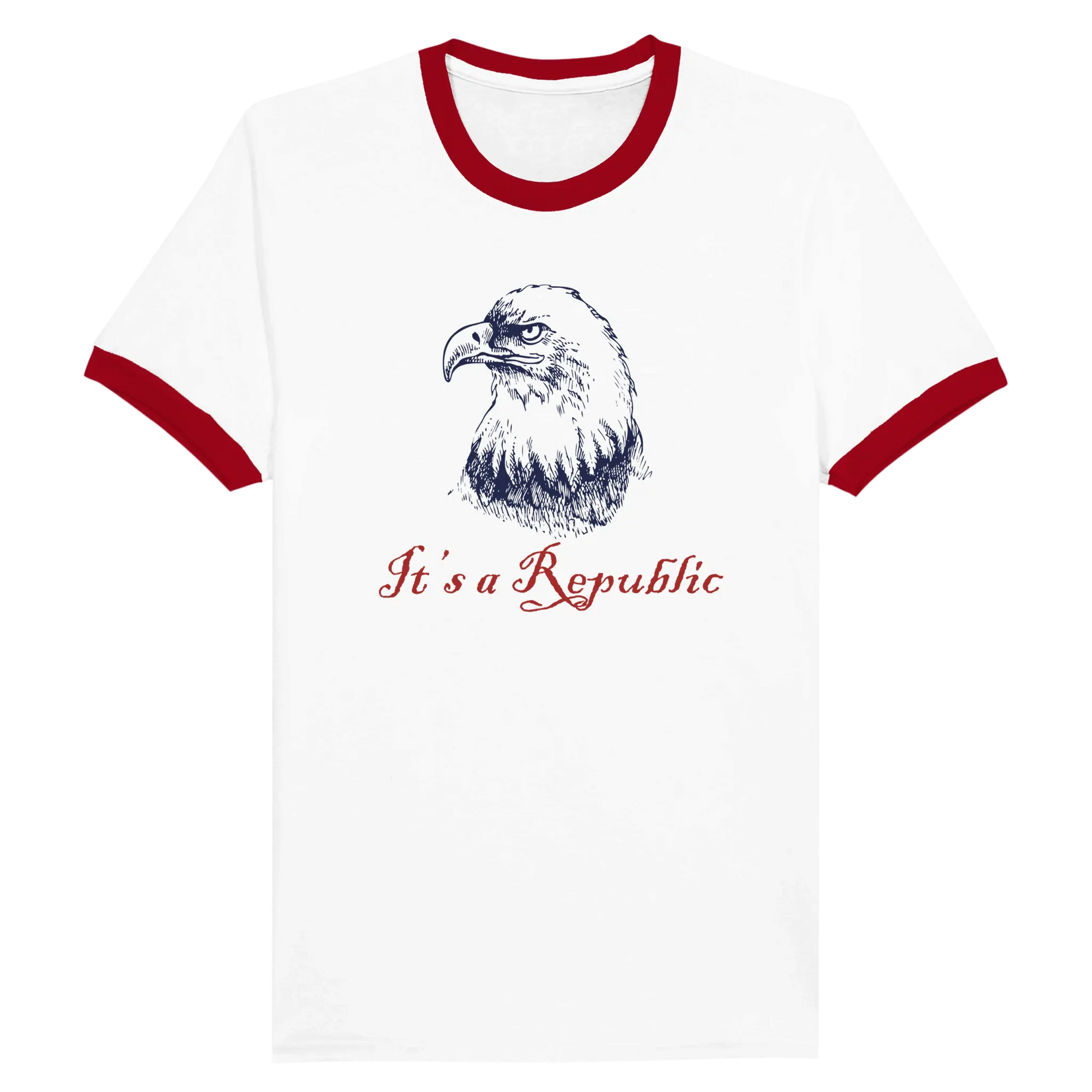 White shirt with red trim on neck and short sleeve cuffs with an eagle and text It's A Republic. Envy The Eagle Design