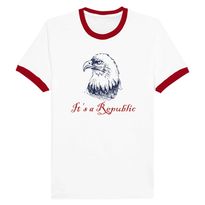 White shirt with red trim on neck and short sleeve cuffs with an eagle and text It's A Republic. Envy The Eagle Design