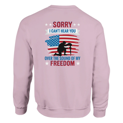 Pink Patriotic Over Freedom crewneck sweatshirt with bold back design, unisex fit, soft premium fabric, perfect for casual and stylish looks.