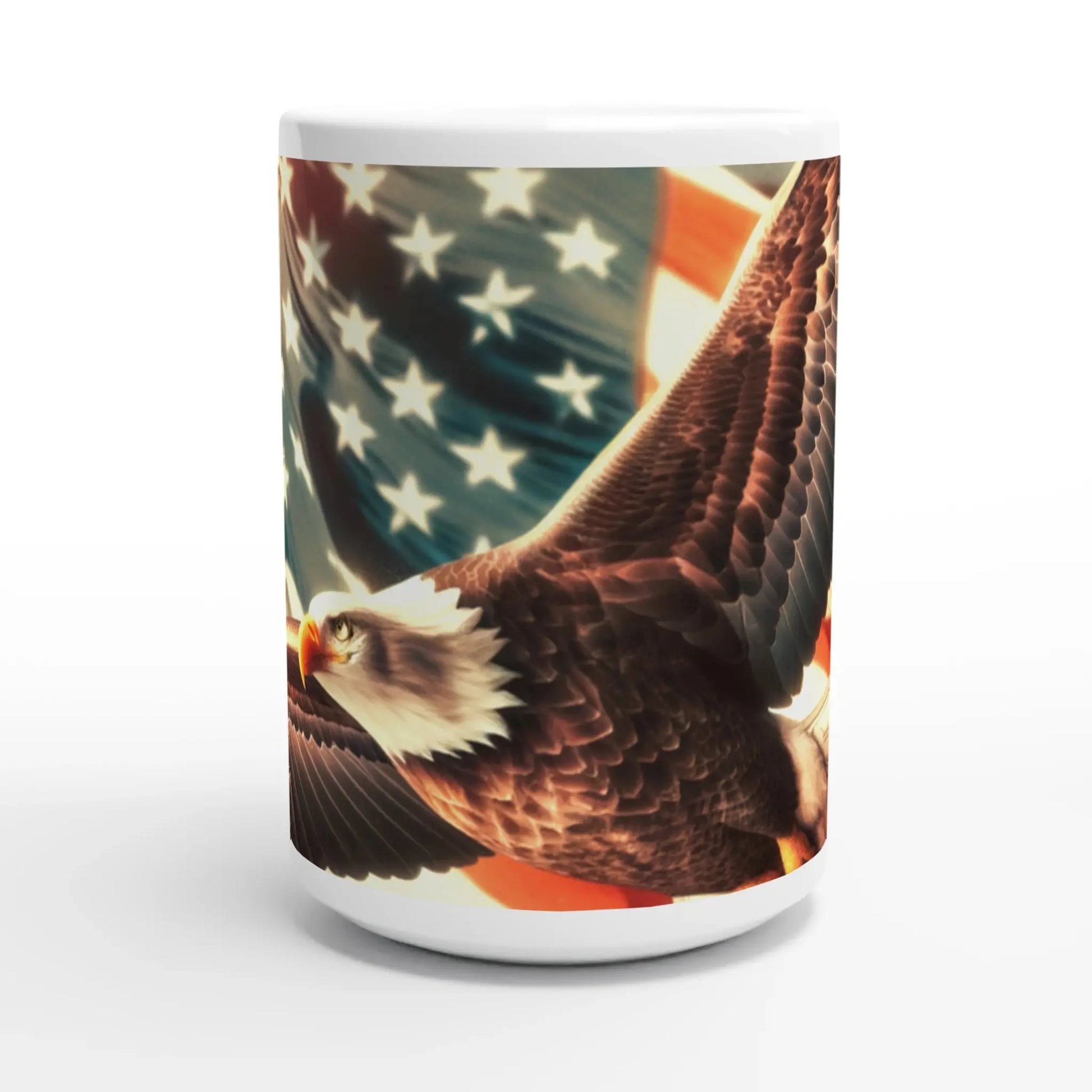 Close up 15oz ceramic mug featuring a bold eagle soaring against the American flag, perfect for showcasing your patriotism and love for the USA.