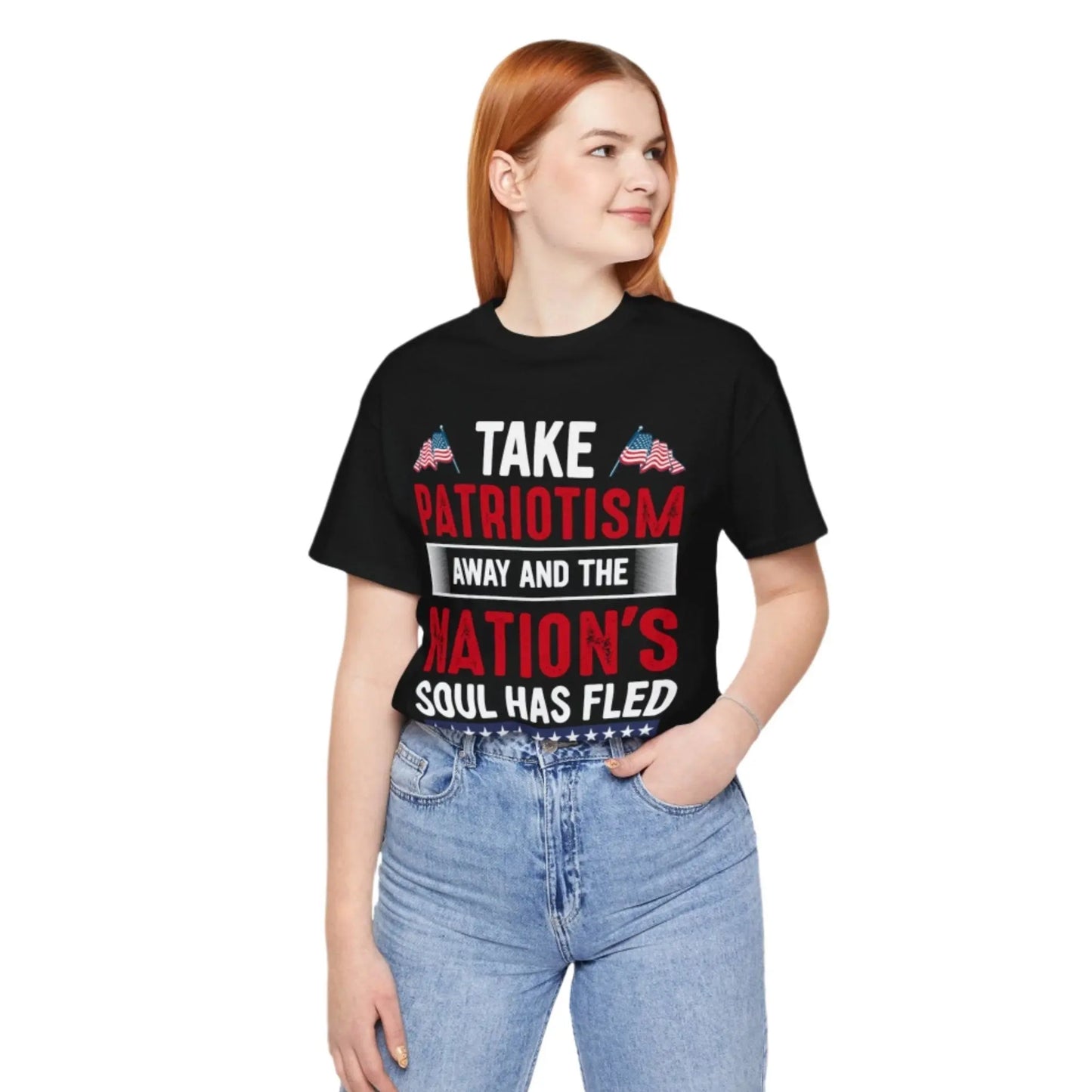 lady wearing black Nations soul short sleeve tee american patriotic