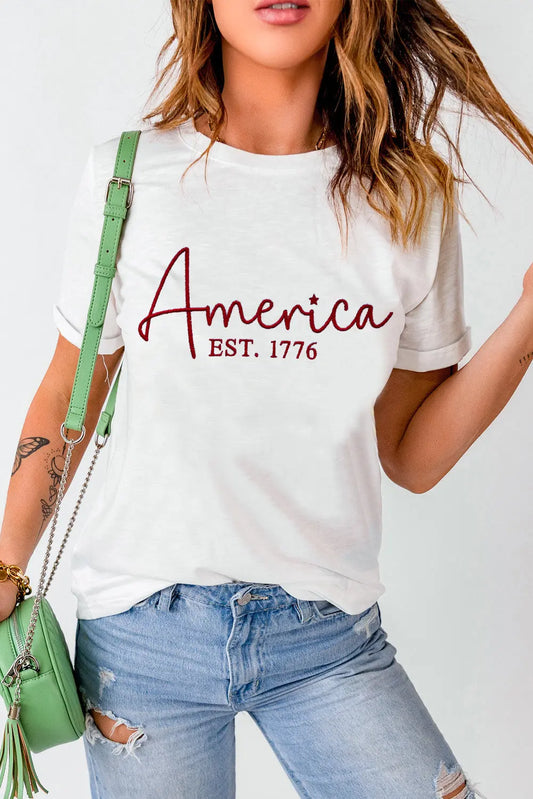 America EST 1776 Letter Graphic Round Neck Short Sleeve T-Shirt 