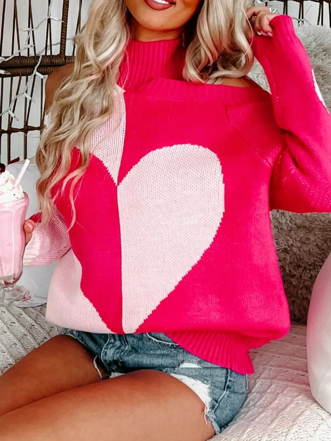 Valentine's Day Heart Turtleneck Cold Shoulder Sweater 