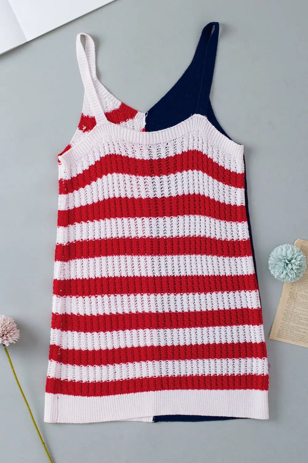 Back view flat lay Stars & Stripes V-Neck Knit Cami, trendy patriotic design with a stylish fit, perfect for showing love for country and freedom.