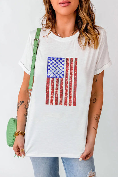 US Flag Round Neck Short Sleeve T-Shirt, stylish and comfortable with a bold American flag design, perfect for casual wear and patriotic occasions