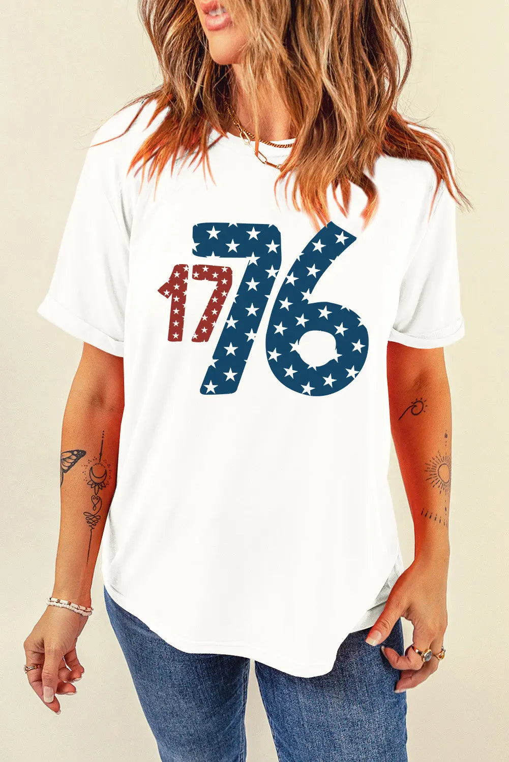 Lady Wearing 1776 Round Neck Short Sleeve T-Shirt 