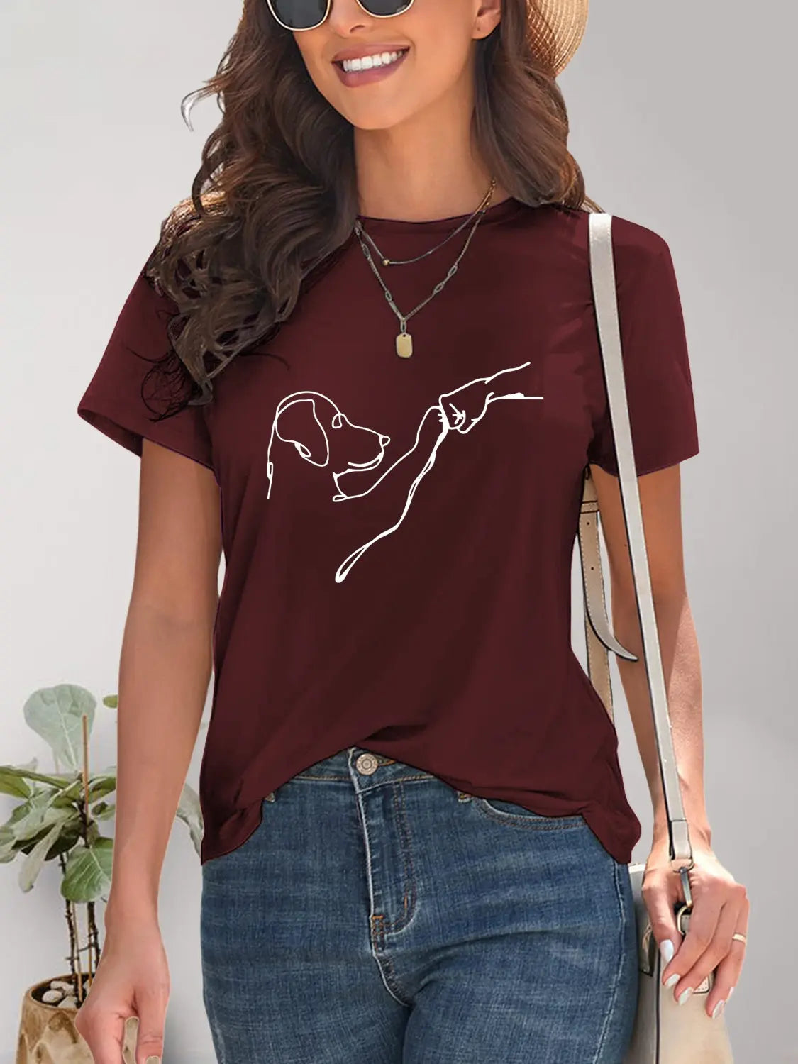 Burgundy Best Bud Dog Graphic T-Shirt with round neck, soft breathable fabric, and an adorable dog design, perfect for casual wear and dog lovers.