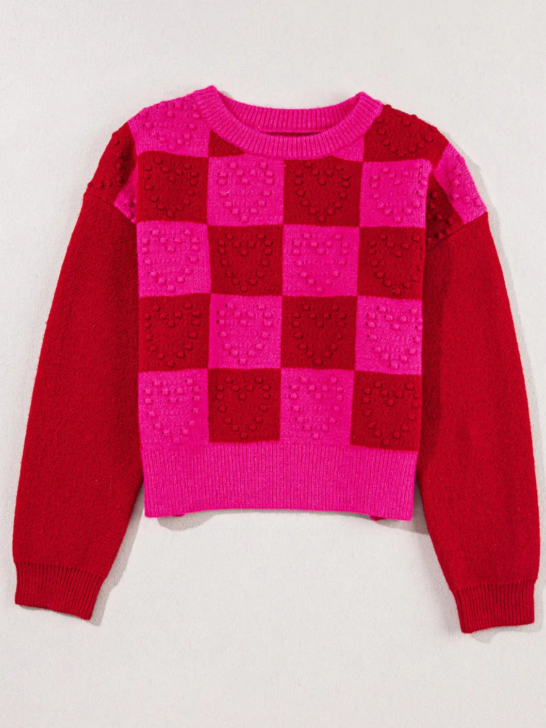 Scarlet Valentine's Plaid Heart Round Neck Sweater 