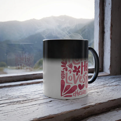 Oh How He Loves Us' Ephesians 2:4-8 Color Morphing Mug (11oz) – Perfect Christian gift, revealing scripture with heat.