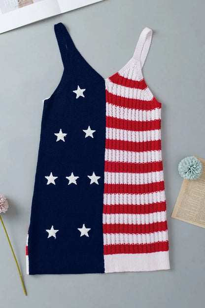 Flat Lay Stars & Stripes V-Neck Knit Cami, trendy patriotic design with a stylish fit, perfect for showing love for country and freedom.