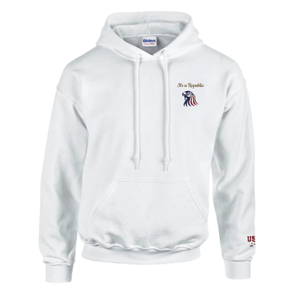 Man wearing Embroidered 'It's A Republic' Eagle Hoodie featuring a bold eagle design, classic unisex fit, premium fabric, and patriotic style.