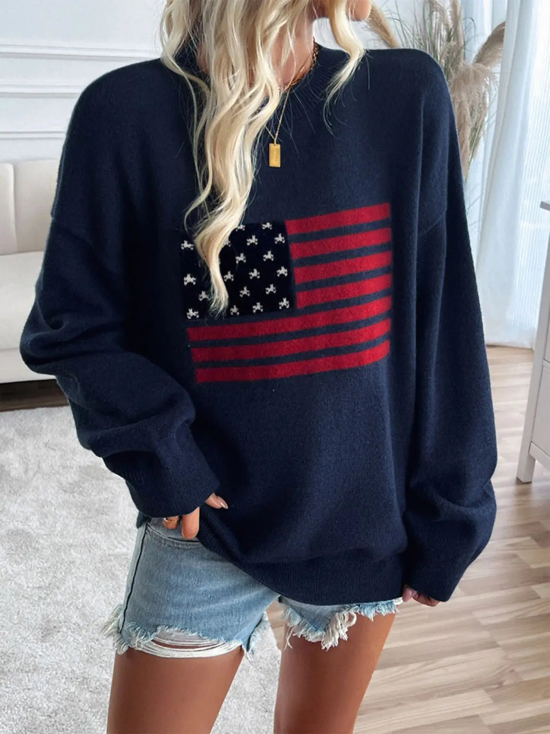 Dark Blue US Flag Round Neck Long Sleeve Knit Top