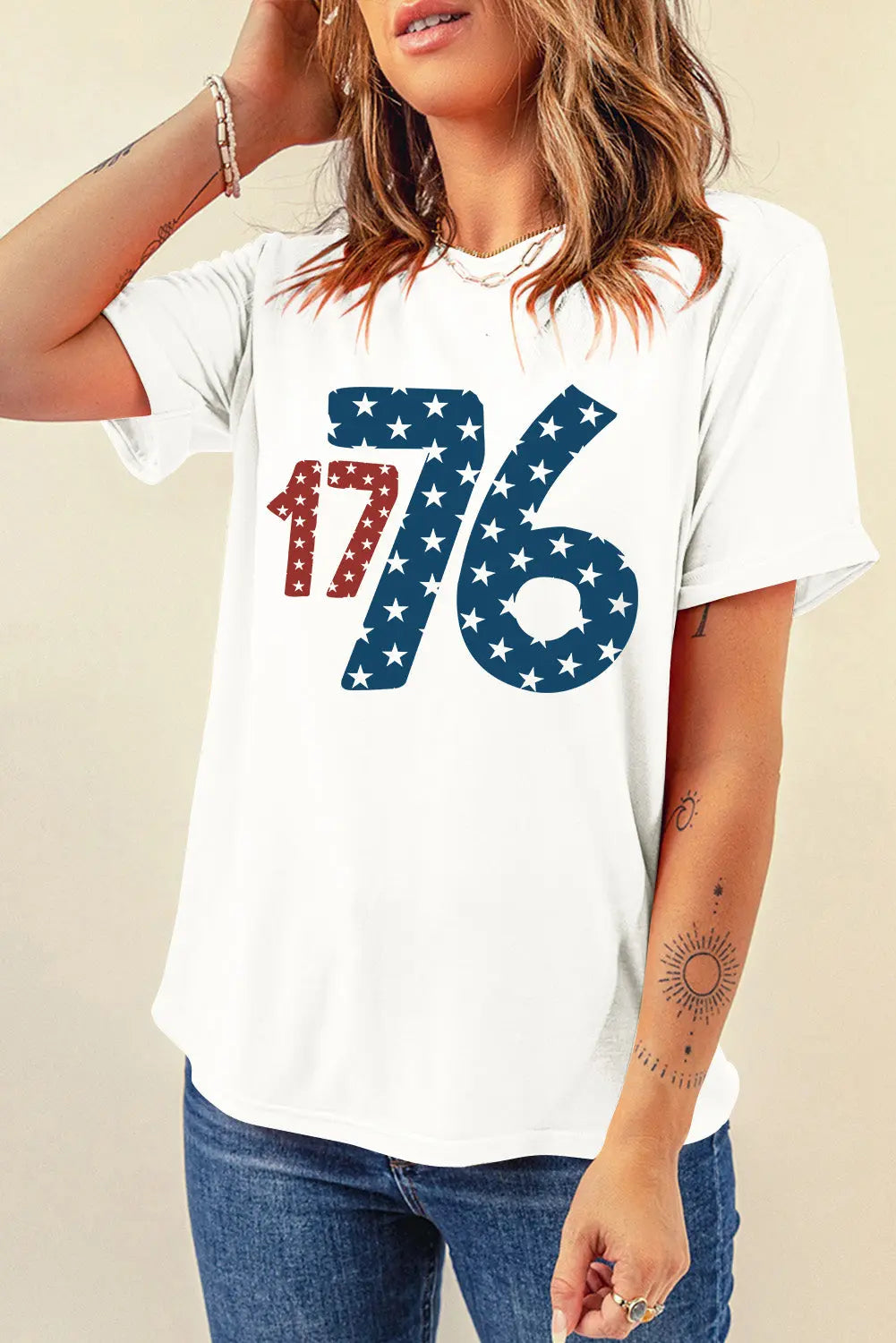 Lady Wearing 1776 Round Neck Short Sleeve T-Shirt