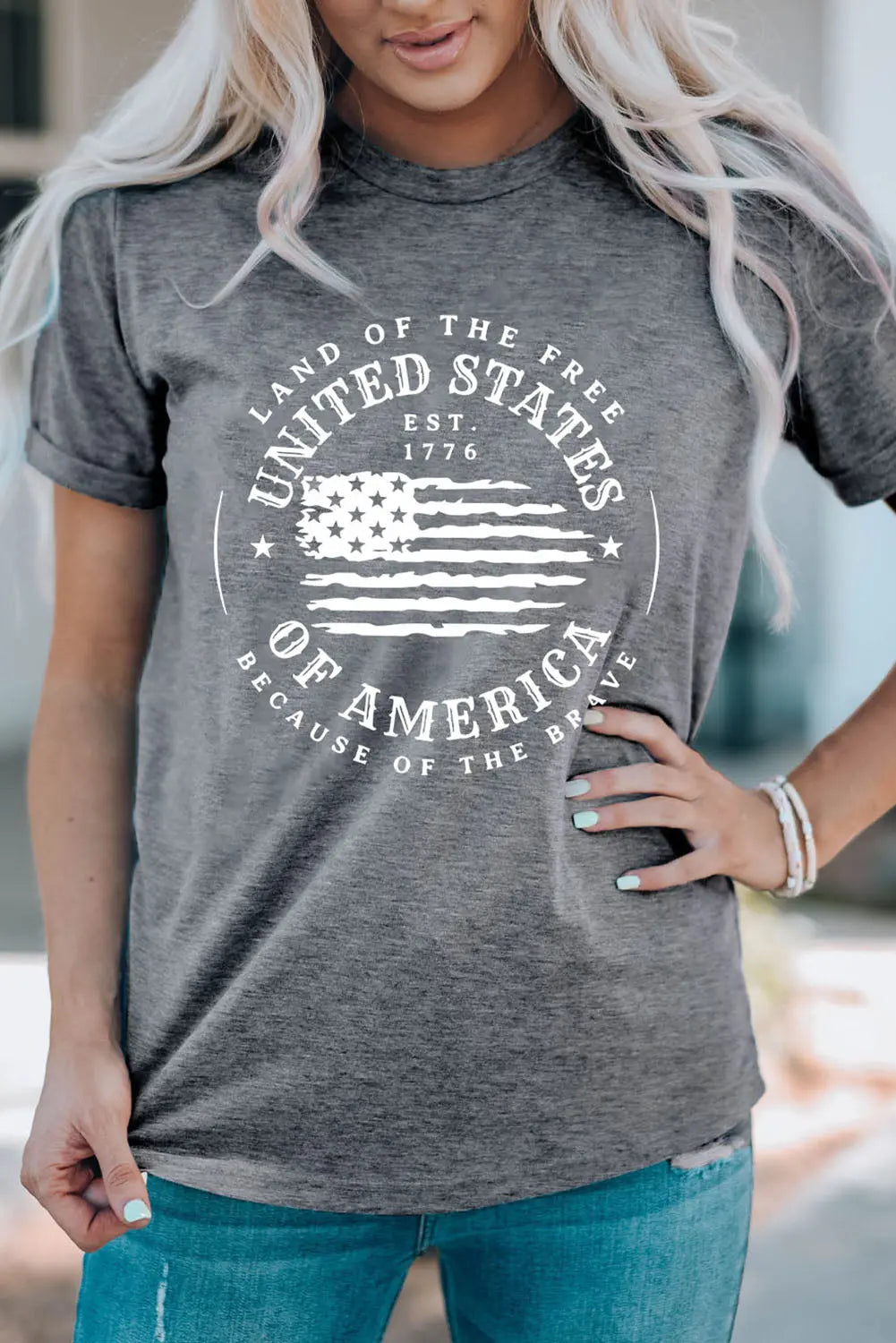 Land of the Free US Flag Graphic Short Sleeve Tee, stylish, comfortable, and patriotic, perfect for casual wear and expressing national pride.