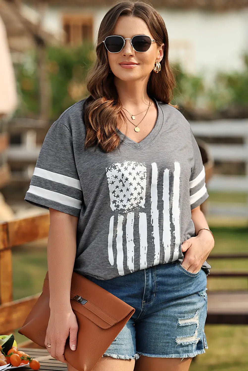 Plus Size US Flag Graphic V-Neck Tee Envy The Eagle