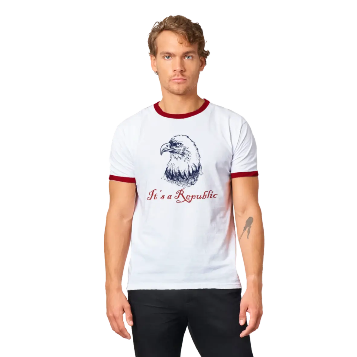 Man wearing White shirt with red trim on neck and short sleeve cuffs with an eagle and text It's A Republic.