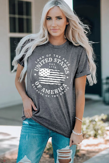 Land of the Free US Flag Graphic Short Sleeve Tee, stylish, comfortable, and patriotic, perfect for casual wear and expressing national pride.