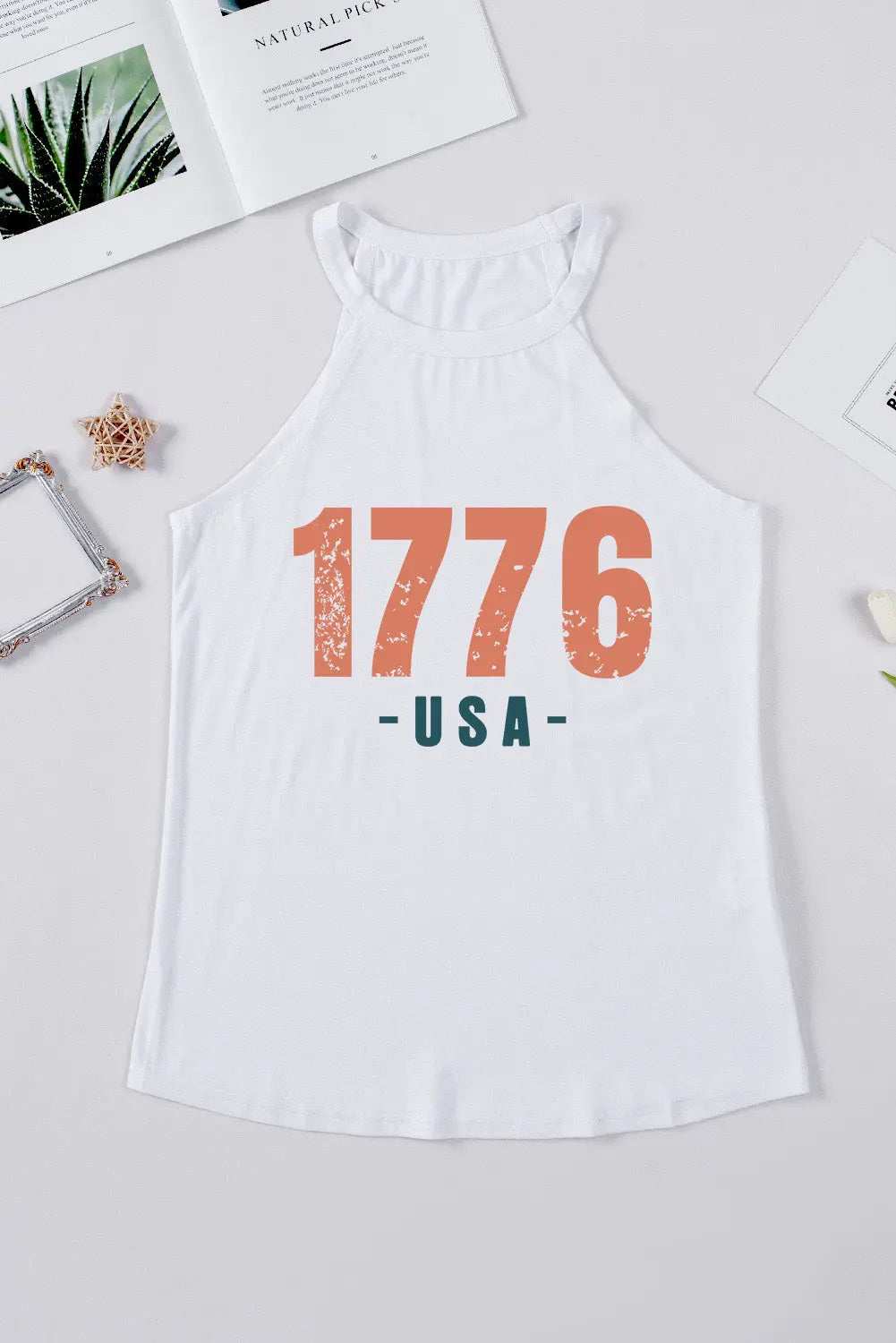 White 1776 USA Round Neck Tank for women, a bold patriotic top that celebrates American pride in stylish, comfortable fashion.