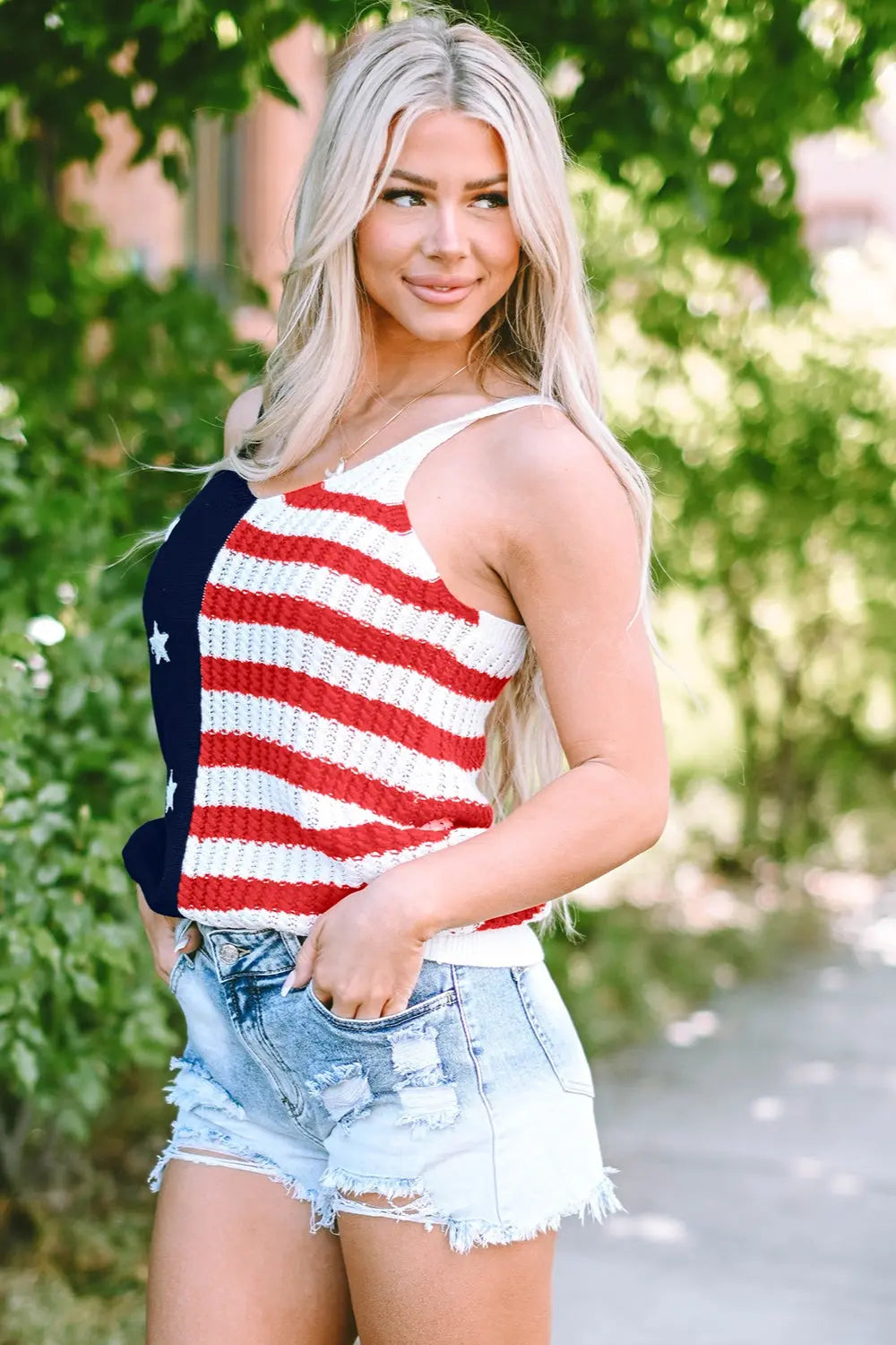 Stars & Stripes V-Neck Knit Cami, trendy patriotic design with a stylish fit, perfect for showing love for country and freedom.