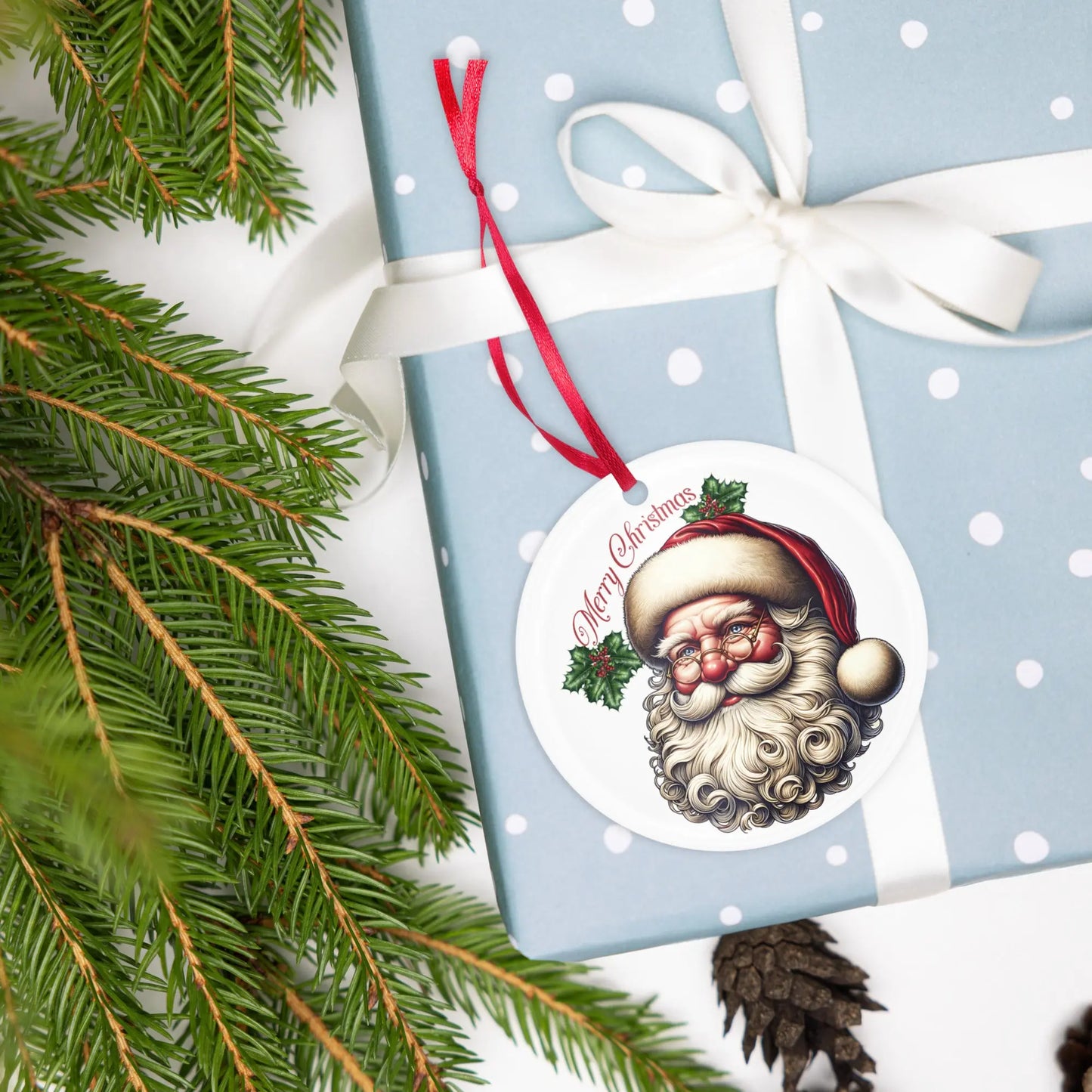 Gift with Vintage Nostalgic Santa Claus image on an acrylic ornament. Festive Christmas