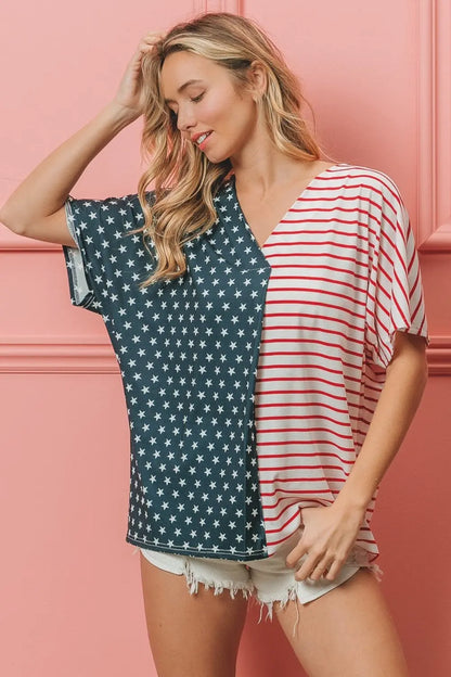 US Flag Themed Color Block Short Sleeve T-Shirt Envy The Eagle