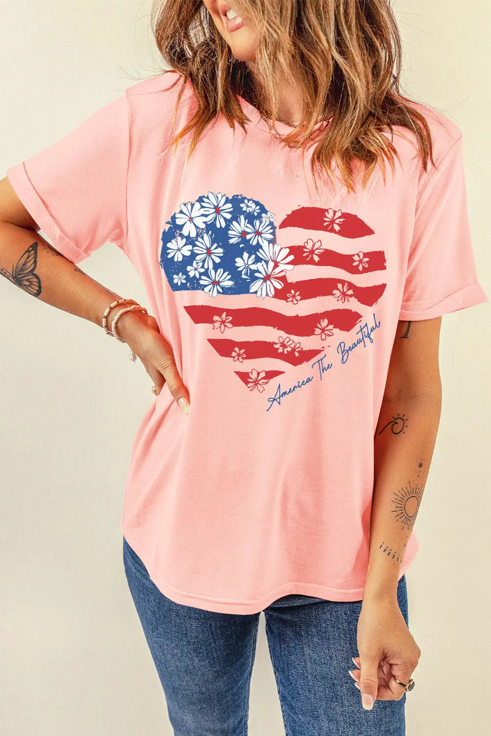 Heart Round Neck Short Sleeve T-Shirt 