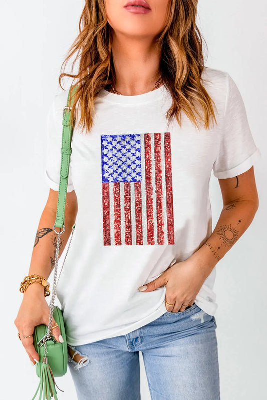 US Flag Round Neck Short Sleeve T-Shirt, stylish and comfortable with a bold American flag design, perfect for casual wear and patriotic occasions