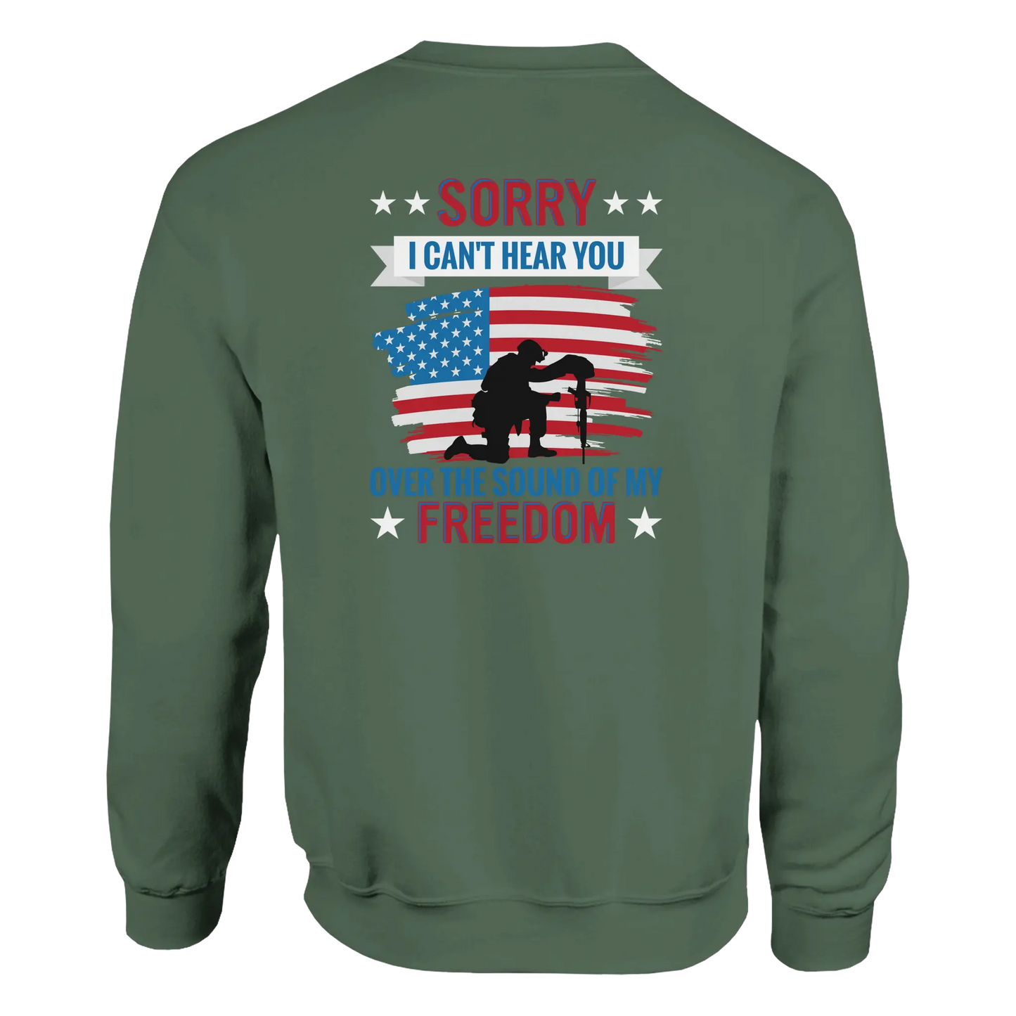 Military Green Patriotic Over Freedom crewneck sweatshirt with bold back design, unisex fit, soft premium fabric, perfect for casual and stylish looks.