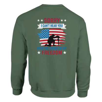 Military Green Patriotic Over Freedom crewneck sweatshirt with bold back design, unisex fit, soft premium fabric, perfect for casual and stylish looks.