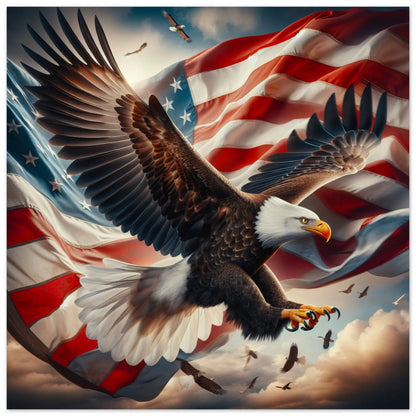 Bald Eagle Wall Art with American flag. Patriotism USA Pride Square Canvas