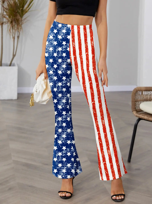 Old Glory Star & Stripes Bootcut Pants with bold American flag design, high-waisted fit, and patriotic flair for stylish outfits.