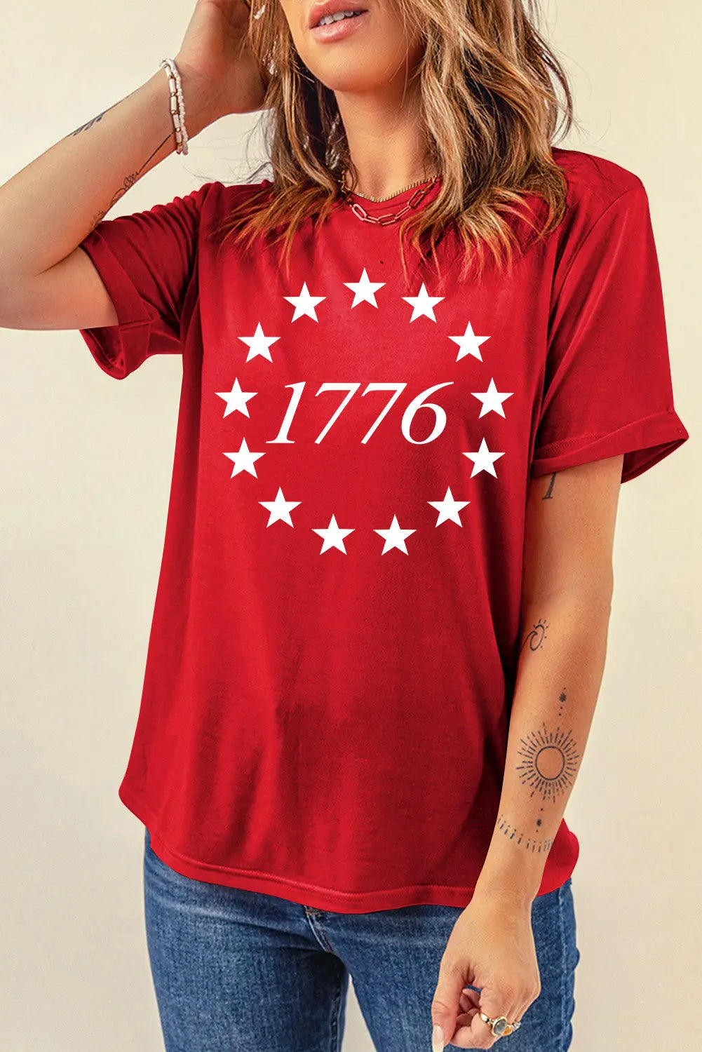 1776 Red Graphic Round Neck Short Sleeve T-Shirt 