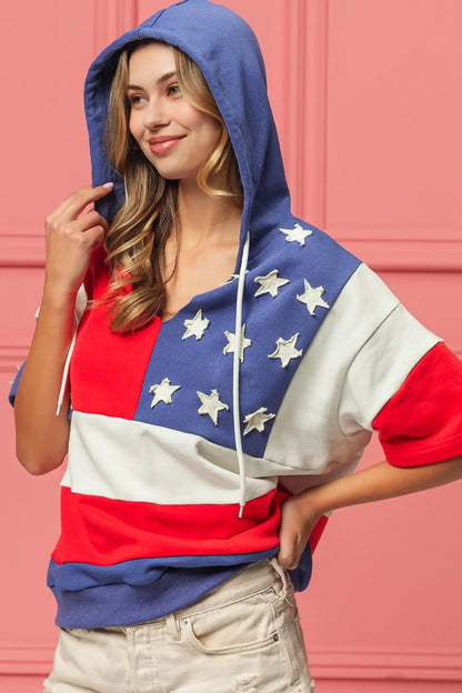 Forever America Flag Theme Hoodie, bold patriotic design, cozy fit, and durable fabric, perfect for showcasing your American pride.