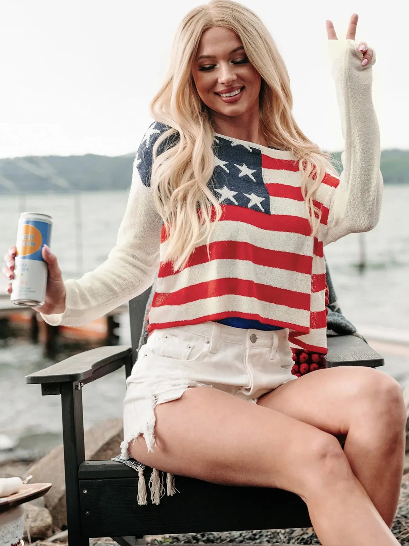 US Flag Boat Neck Long Sleeve Knit Top Envy The Eagle