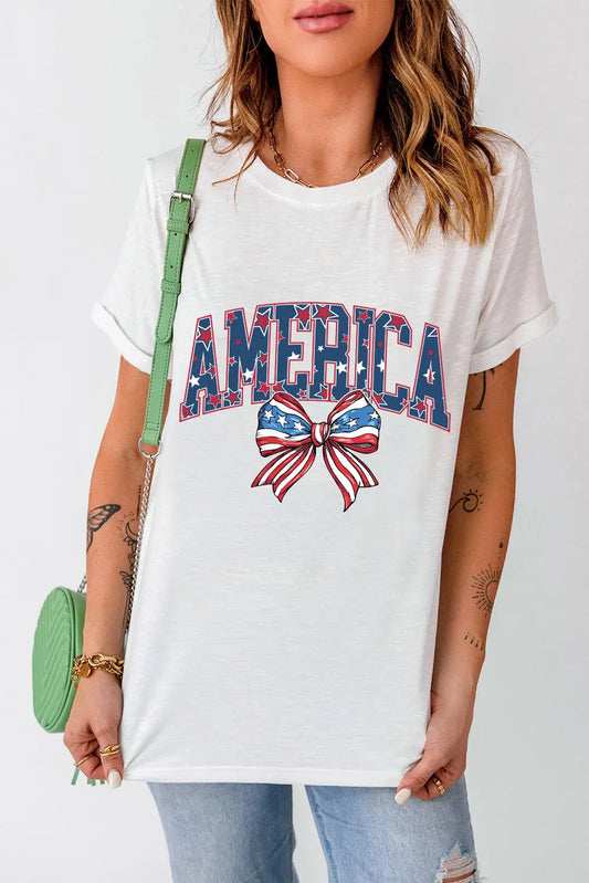 BOW For AMERICA Round Neck Short Sleeve T-Shirt for women, a bold, patriotic tee perfect for showing off American pride in style.