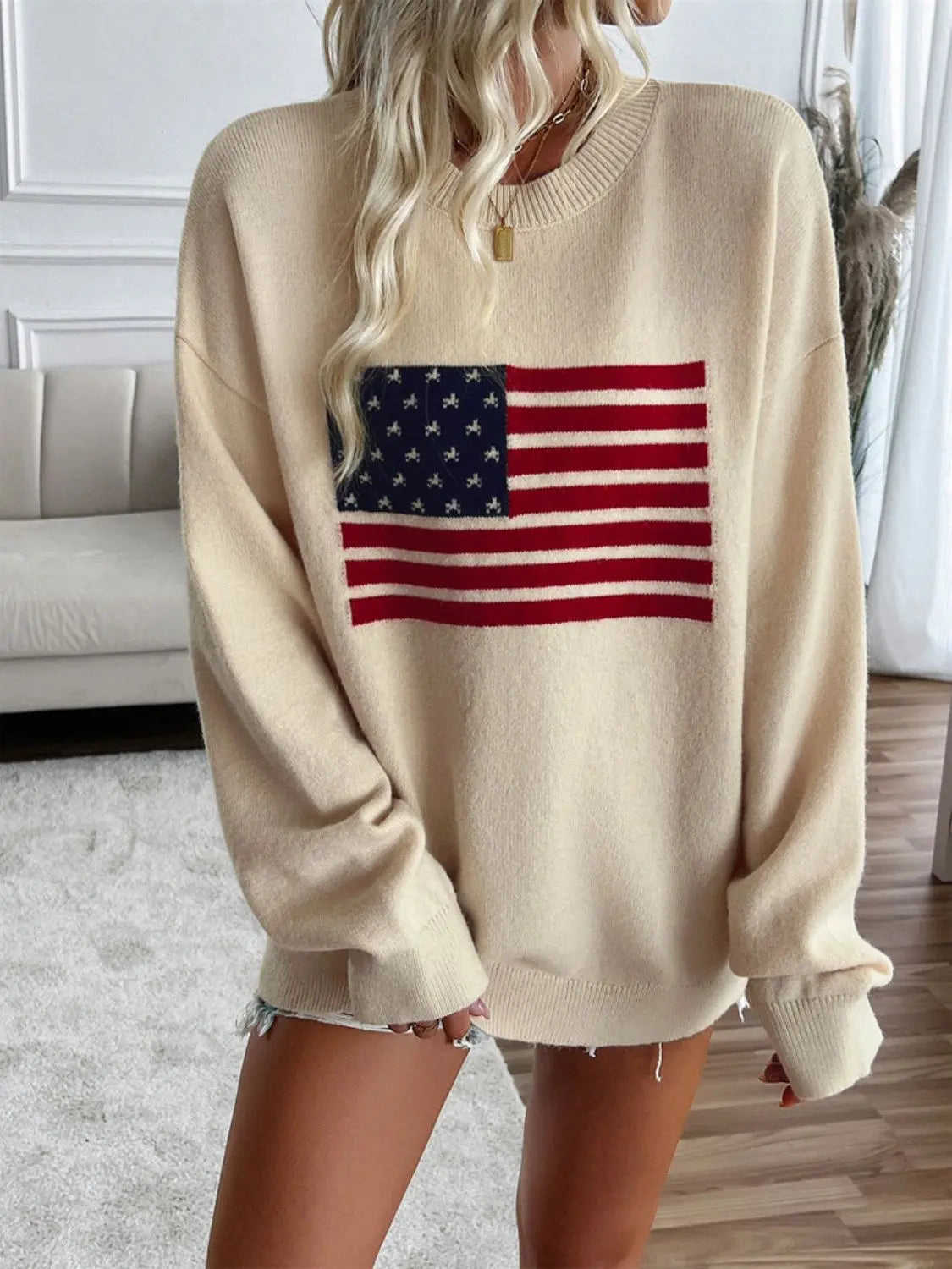 Beige US Flag Round Neck Long Sleeve Knit Top