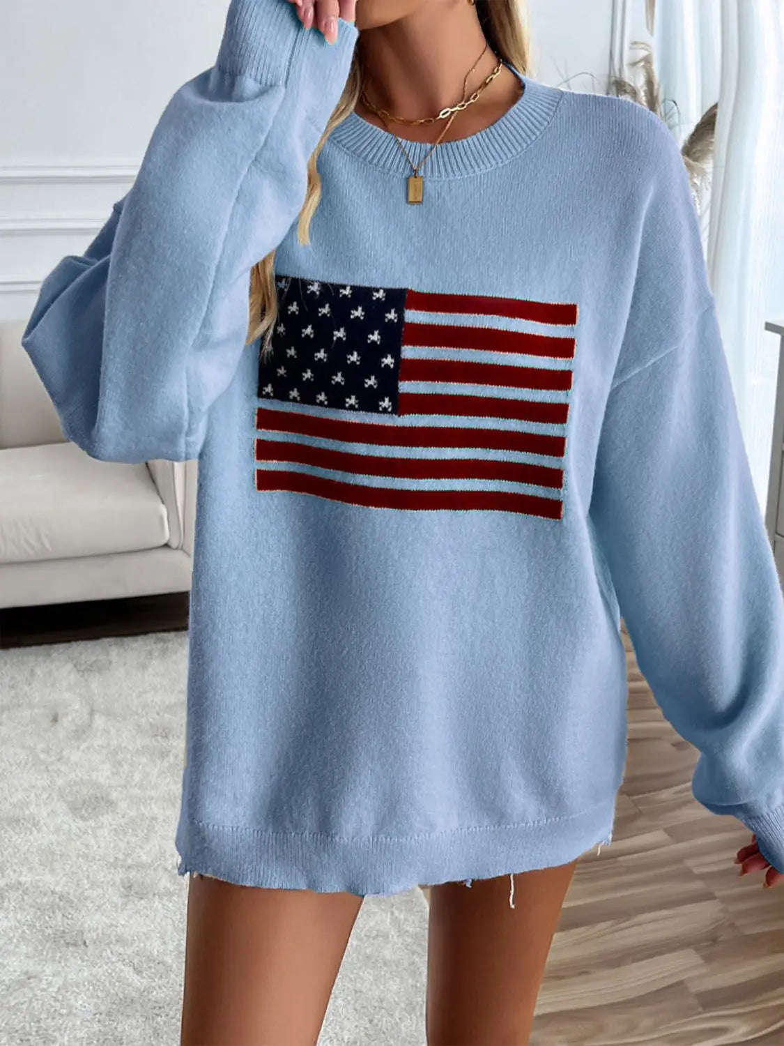 Light Blue US Flag Round Neck Long Sleeve Knit Top