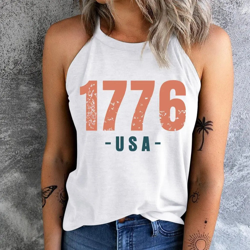 Lady wearing White 1776 USA Round Neck Tank for women, a bold patriotic top that celebrates American pride in stylish, comfortable fashion.