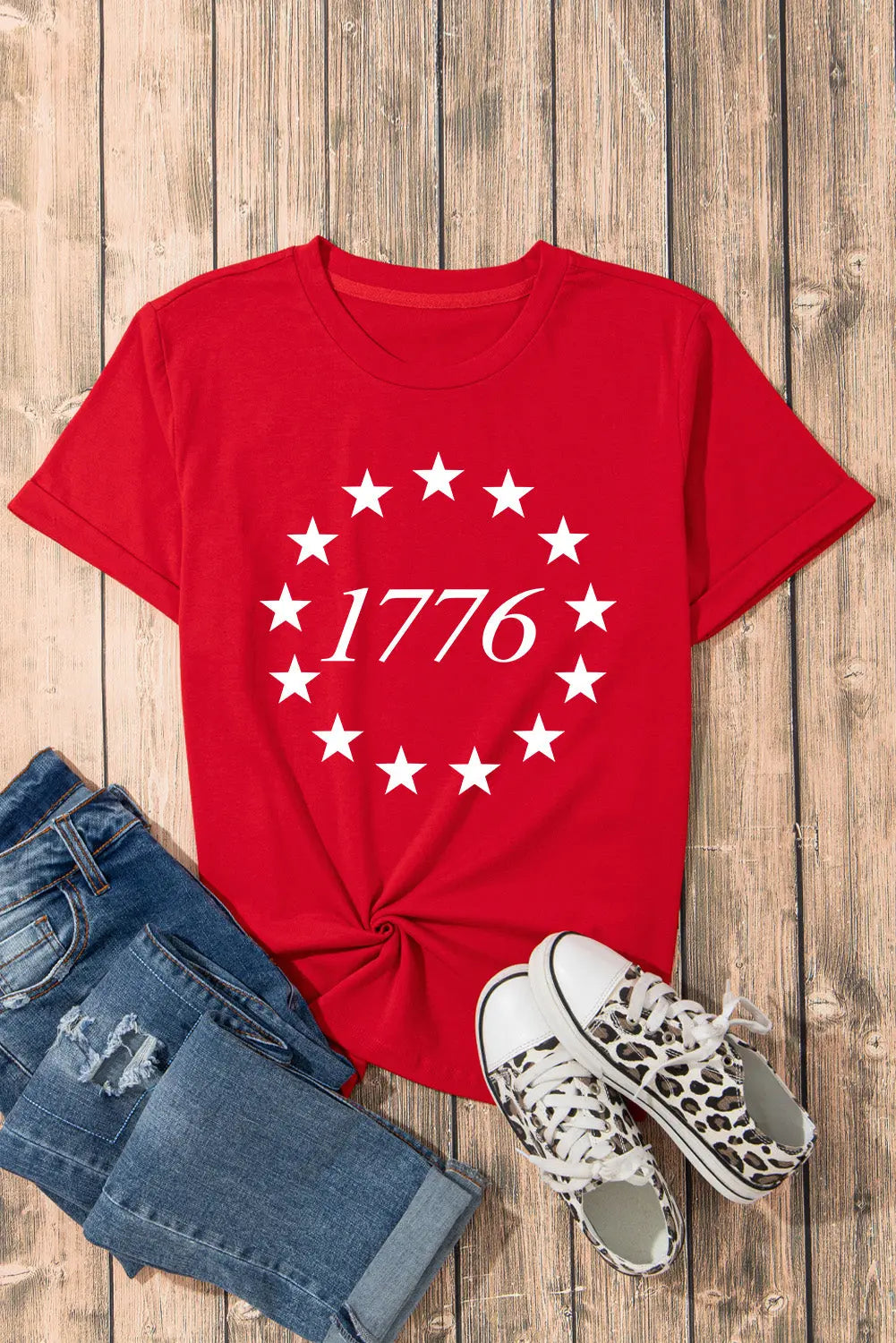 1776 Red Flat Lay Graphic Round Neck Short Sleeve T-Shirt 