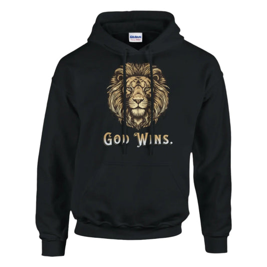 Unisex Black hoodie with lion graphic and 'God Wins' text – Christian faith sweatshirt.