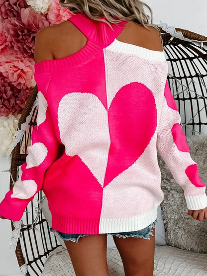 Valentine's Day Heart Turtleneck Cold Shoulder Sweater 