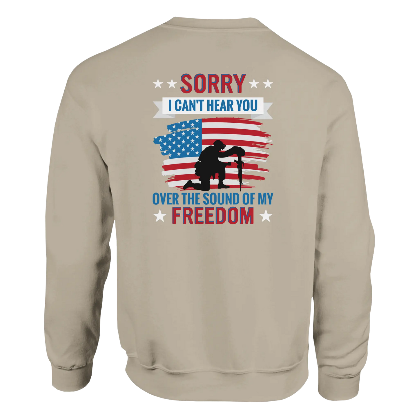 Sand Patriotic Over Freedom crewneck sweatshirt with bold back design, unisex fit, soft premium fabric, perfect for casual and stylish looks.