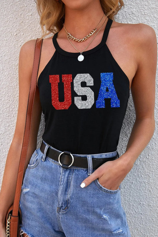 USA Grecian Neck Cami for women, a chic and flattering patriotic top with versatile style. Perfect for casual or special occasions