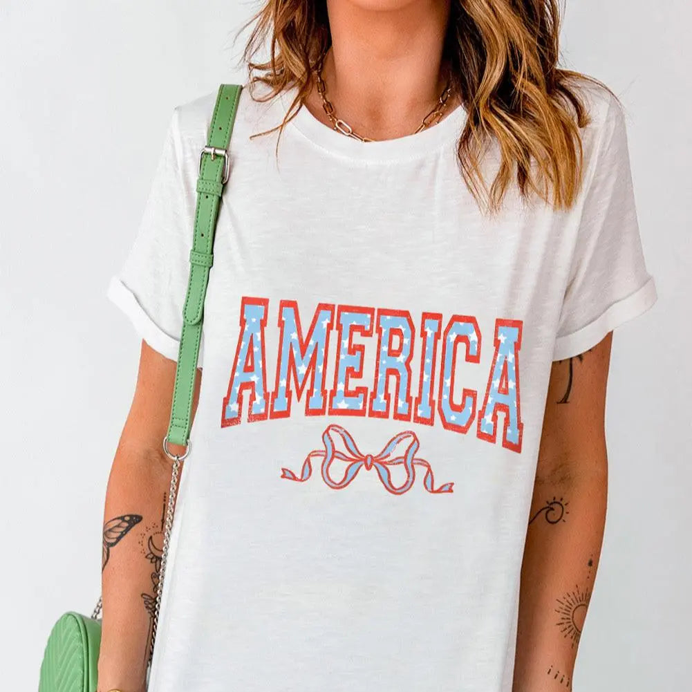 Sweet AMERICA Round Neck Short Sleeve T-Shirt for women, a stylish, comfortable patriotic tee perfect for showcasing American pride.