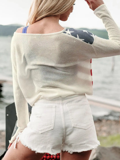 US Flag Boat Neck Long Sleeve Knit Top Envy The Eagle