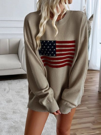 Mocha US Flag Round Neck Long Sleeve Knit Top