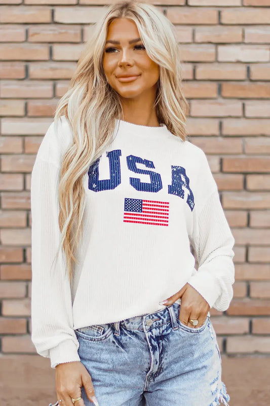 USA Flag Letter Graphic Sweatshirt with round neck and long sleeves, featuring bold patriotic design and cozy fit for casual style.