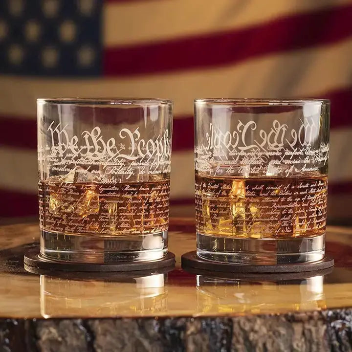 Front and back of 12oz U.S. Constitution Whisky Glass with detailed engraving, perfect for whiskey lovers and history enthusiasts.